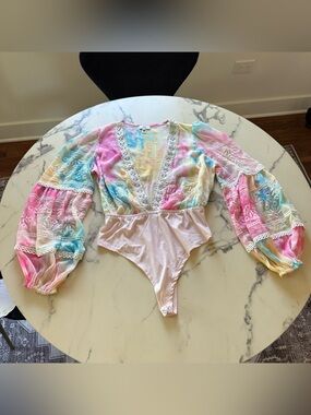 River Island Pastel Tie-Dye Lace-Trim Long Sleeve Bodysuit - Pink Blue Yellow